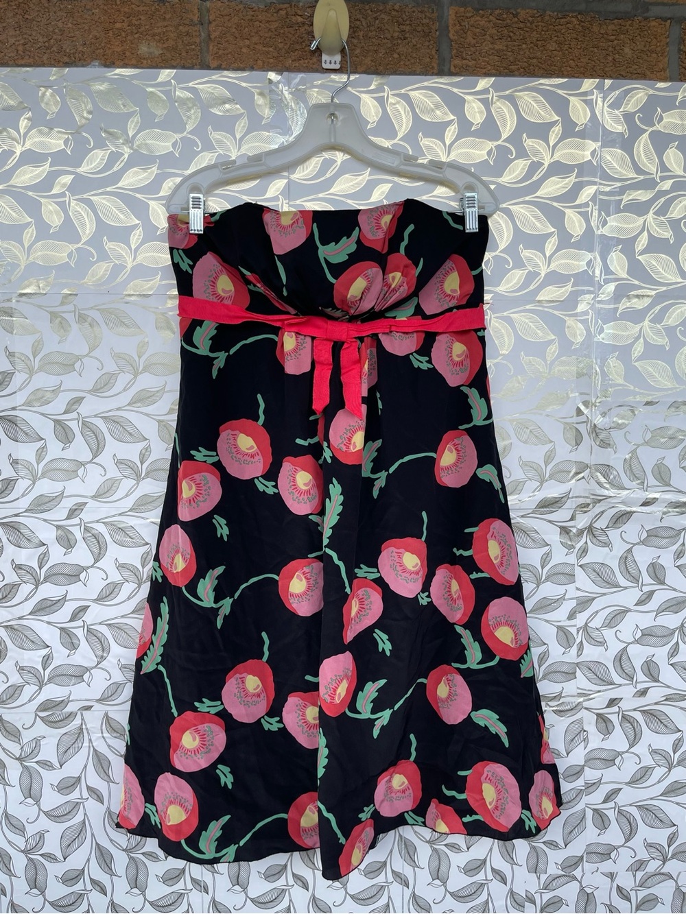 Anna Sui Anthropologie Sz 12 Silk Dress Strapless Black Pink Poppy Floral Lined